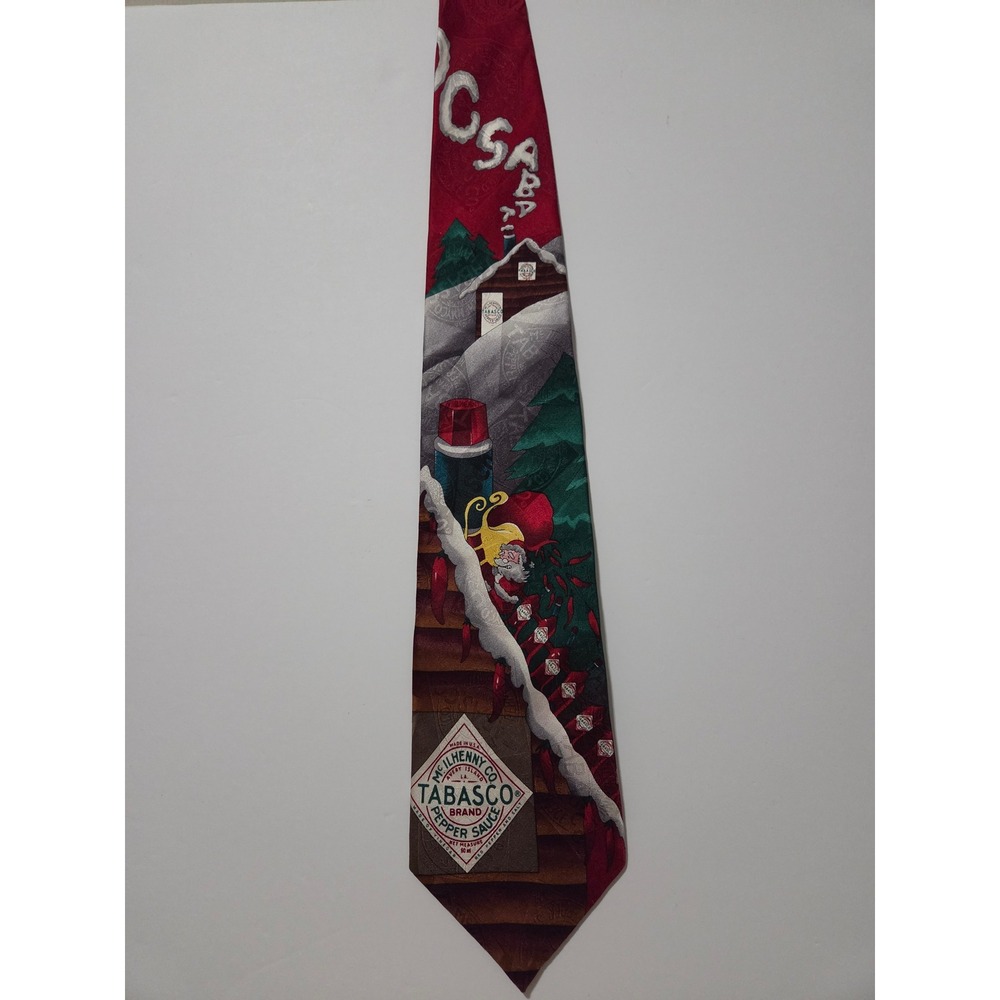 Tabasco Mens Silk Christmas Santa Hot Sauce Holiday Red Green Graphic Necktie